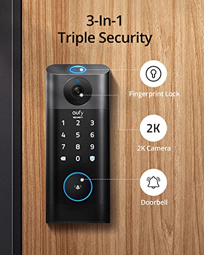 eufy Security S330 Video Smart Lock, 3-in-1 Camera+Doorbell+Fingerprint Keyless Entry Door Lock,BHMA, WiFi Door Lock,App Remote Control,2K HD,Doorbell Camera with Chime,No Monthly Fee,SD Card Required