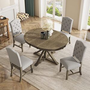 p purlove retro style 5-piece round dining table set for 4,round extendable table with 4 upholstered chairs for 4,dining room table set for dining room,living room