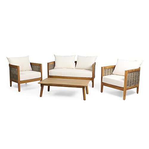 CHRISTOPHER KNIGHT HOME Burchett Outdoor 4pc Chat Set - Acacia Wood and Wicker - Teak/Mixed Brown/Beige