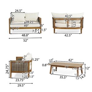 CHRISTOPHER KNIGHT HOME Burchett Outdoor 4pc Chat Set - Acacia Wood and Wicker - Teak/Mixed Brown/Beige