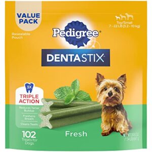 pedigree dentastix dental dog treats for toy/small dogs fresh flavor dental bones, 1.6 lb. value pack (102 treats)