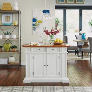 Homestyles Americana Kitchen Island with Wood Top and Drop Leaf Breakfast Bar, Storage with Drawers and Adjustable Shelves, 50 Inch Width, 49.75 inches, White and Oak