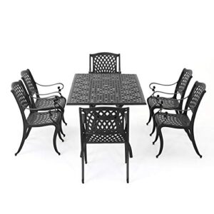 Christopher Knight Home Cayman Outdoor 6-Seater Cast Aluminum Dining Set, 7-Pcs Set, Black Sand