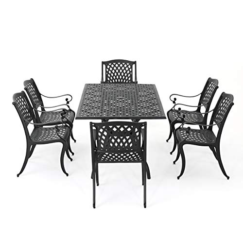 Christopher Knight Home Cayman Outdoor 6-Seater Cast Aluminum Dining Set, 7-Pcs Set, Black Sand