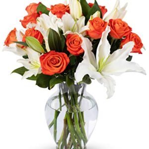Benchmark Bouquets Orange Roses and White Oriental Lilies, With Vase (Fresh Cut Flowers)
