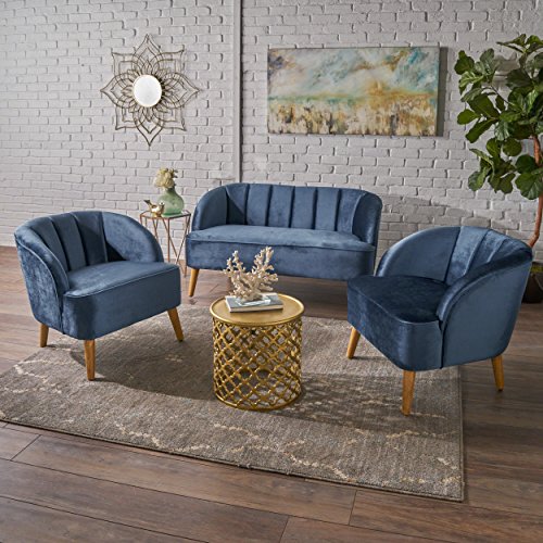 Christopher Knight Home Amaia Modern Velvet Chat Set, 3-Pcs Set, Cobalt / Walnut