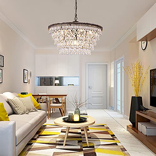 Wellmet Crystal Chandelier, 6-Light 5 Tiers Farmhouse Crystal Light, Adjustable Hanging Bronze Ceiling Lighting Fixture, Modern Foyer Dining Room Chandeliers for Bedroom,Hallway,Bar,Kitchen, W20-inch