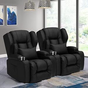 obbolly swivel rocker recliner chair – manual glider rocking recliner chair, wingback design 360° swivel chair with lumbar pillow, cup holders, side pockets for living room, faux leather (2, black)