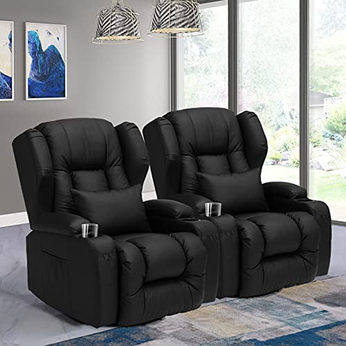 OBBOLLY Swivel Rocker Recliner Chair - Manual Glider Rocking Recliner Chair, Wingback Design 360° Swivel Chair with Lumbar Pillow, Cup Holders, Side Pockets for Living Room, Faux Leather (2, Black)