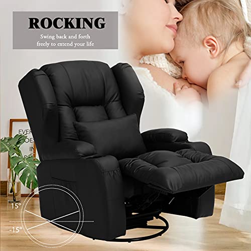 OBBOLLY Swivel Rocker Recliner Chair - Manual Glider Rocking Recliner Chair, Wingback Design 360° Swivel Chair with Lumbar Pillow, Cup Holders, Side Pockets for Living Room, Faux Leather (2, Black)