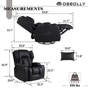 OBBOLLY Swivel Rocker Recliner Chair - Manual Glider Rocking Recliner Chair, Wingback Design 360° Swivel Chair with Lumbar Pillow, Cup Holders, Side Pockets for Living Room, Faux Leather (2, Black)