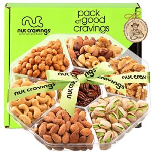 mixed nuts gift basket + green ribbon (7 assortments) purim mishloach manot gourmet food bouquet arrangement platter, birthday care package tray, healthy kosher snack box, her him women men