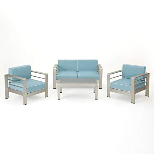 Christopher Knight Home Crested Bay Outdoor Silver Aluminum Framed Chat Set with Water Resistant Cushions, 4-Pcs Set, Light Teal / White / Silver