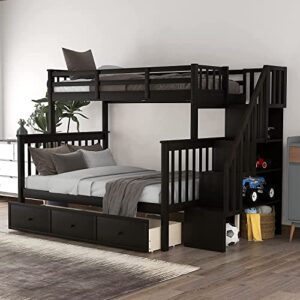 twin over full bunk bed with storage drawer, wood bunk beds with stairway, storage shelf and full-length guard rail, kids bunk bed twin over full, no box spring needed (espresso)