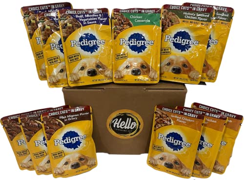 Pedigree Wet Dog Food Pouch Variety Bundle, Choice Cuts in Gravy, 12 Pouches Assorted Flavors - Chicken, Hickory, Filet Mignon, Beef, Casserole