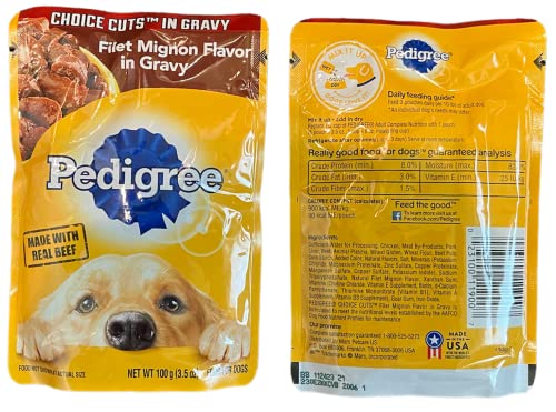 Pedigree Wet Dog Food Pouch Variety Bundle, Choice Cuts in Gravy, 12 Pouches Assorted Flavors - Chicken, Hickory, Filet Mignon, Beef, Casserole