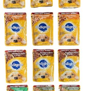 Pedigree Wet Dog Food Pouch Variety Bundle, Choice Cuts in Gravy, 12 Pouches Assorted Flavors - Chicken, Hickory, Filet Mignon, Beef, Casserole