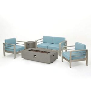 christopher knight home crested bay silver aluminum framed chat set with water resistant cushions and rectangular fire pit, 5-pcs set, light teal / white / silver / light grey