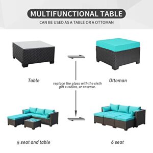 Outdoor PE Wicker Sofa Set 4-Piece 6-Seater Patio Garden Sectional Turquoise Cushions Seat Furniture Set, 2 L-Shaped Loveseats and Ottomans, Multi-Purpose Tempered Glass Coffee Table