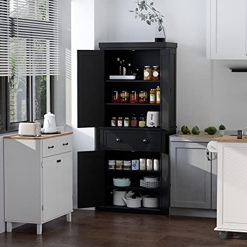 HOMCOM 72" Traditional Freestanding Kitchen Pantry Cupboard with 2 Cabinet, Drawer and Adjustable Shelves, Black