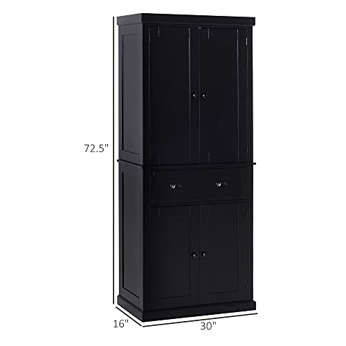 HOMCOM 72" Traditional Freestanding Kitchen Pantry Cupboard with 2 Cabinet, Drawer and Adjustable Shelves, Black