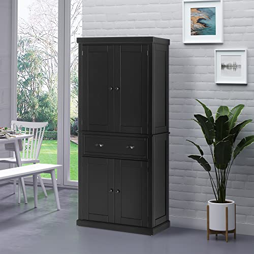 HOMCOM 72" Traditional Freestanding Kitchen Pantry Cupboard with 2 Cabinet, Drawer and Adjustable Shelves, Black