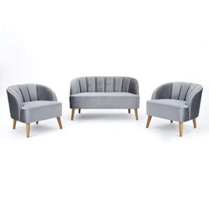 christopher knight home amaia modern velvet chat set, 3-pcs set, pewter / walnut