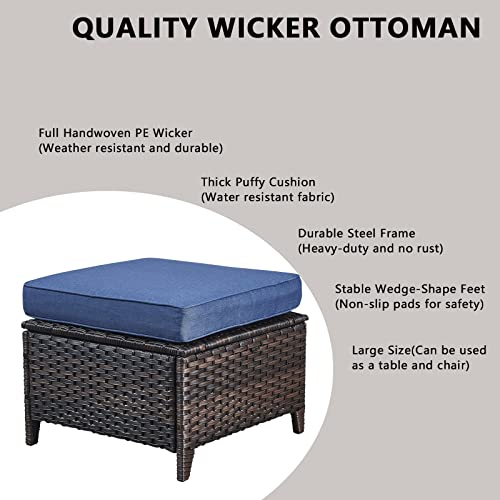 Rilyson Wicker Patio Furniture Set - 5 Piece Rattan Outdoor Sectional Conversation Sets with 2 Rocking Swivel Chairs,2 Ottomans and 1 Sofa for Porch Deck Garden(Brown/Blue)