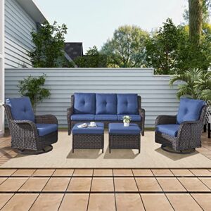 Rilyson Wicker Patio Furniture Set - 5 Piece Rattan Outdoor Sectional Conversation Sets with 2 Rocking Swivel Chairs,2 Ottomans and 1 Sofa for Porch Deck Garden(Brown/Blue)