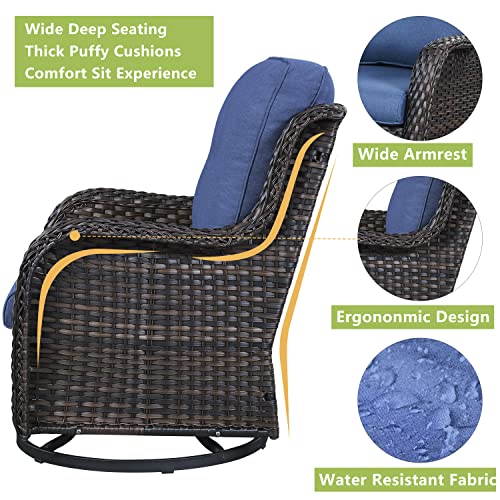 Rilyson Wicker Patio Furniture Set - 5 Piece Rattan Outdoor Sectional Conversation Sets with 2 Rocking Swivel Chairs,2 Ottomans and 1 Sofa for Porch Deck Garden(Brown/Blue)