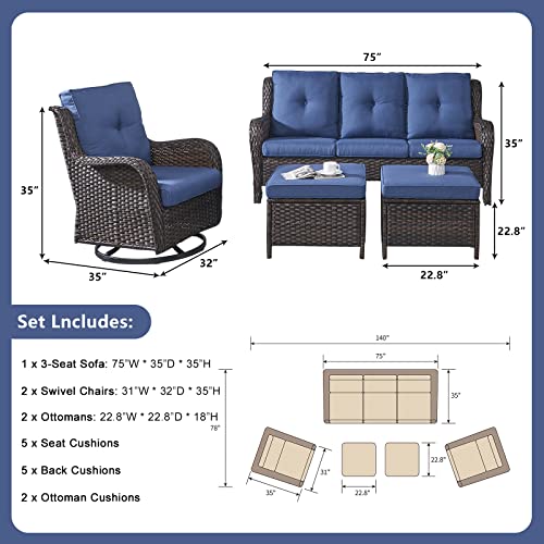 Rilyson Wicker Patio Furniture Set - 5 Piece Rattan Outdoor Sectional Conversation Sets with 2 Rocking Swivel Chairs,2 Ottomans and 1 Sofa for Porch Deck Garden(Brown/Blue)