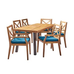 christopher knight home justin outdoor 7 piece acacia wood dining set, teak finish/rustic metal/blue