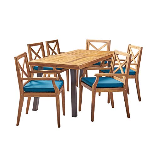 Christopher Knight Home Justin Outdoor 7 Piece Acacia Wood Dining Set, Teak Finish/Rustic Metal/Blue