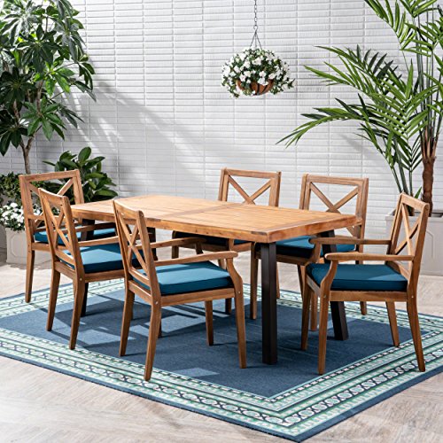 Christopher Knight Home Justin Outdoor 7 Piece Acacia Wood Dining Set, Teak Finish/Rustic Metal/Blue