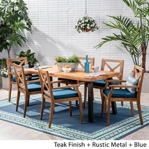 Christopher Knight Home Justin Outdoor 7 Piece Acacia Wood Dining Set, Teak Finish/Rustic Metal/Blue