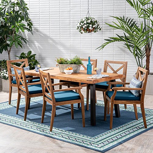 Christopher Knight Home Justin Outdoor 7 Piece Acacia Wood Dining Set, Teak Finish/Rustic Metal/Blue