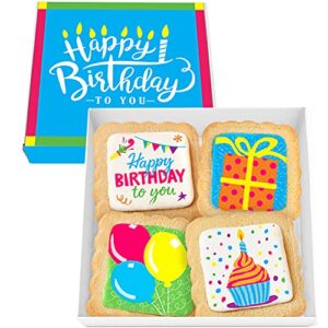happy birthday cookies 4 pack gift basket for kids men women | decorated sugar cookie gift box | individually wrapped party favors nut free (birthday, standard box)