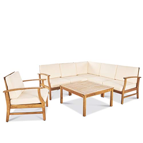 Christopher Knight Home Perla Outdoor Acacia Wood Sofa Set with Water Resistant Cushions, 7-Pcs Set, Teak Finish / Cream
