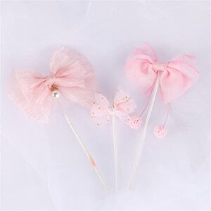 3pcs Bow Cake Topper Pink Lace Bowknot Cake Toppers Cake Dessert Picks Decoration For Baby Shower Birthday Wedding Party Supplies