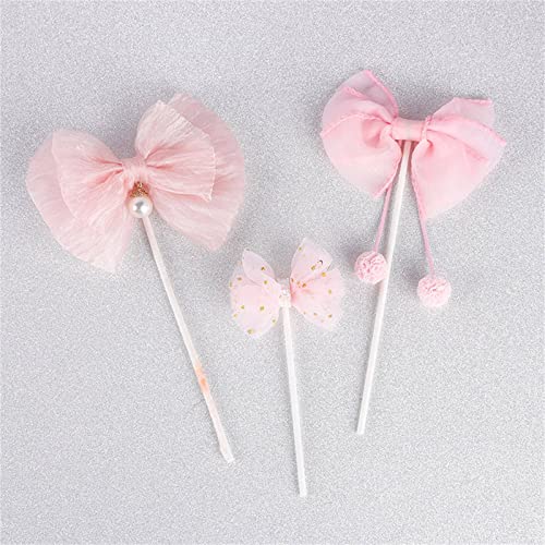 3pcs Bow Cake Topper Pink Lace Bowknot Cake Toppers Cake Dessert Picks Decoration For Baby Shower Birthday Wedding Party Supplies