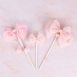 3pcs Bow Cake Topper Pink Lace Bowknot Cake Toppers Cake Dessert Picks Decoration For Baby Shower Birthday Wedding Party Supplies