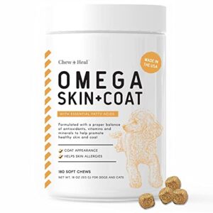 chew + heal salmon oil for dogs – 180 soft chew omega treats for skin and coat – fish oil blend of essential fatty acids, omega 3, 6, and 9, vitamins, antioxidants and minerals – made in usa