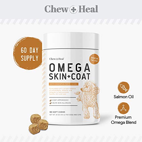 Chew + Heal Salmon Oil for Dogs - 180 Soft Chew Omega Treats for Skin and Coat - Fish Oil Blend of Essential Fatty Acids, Omega 3, 6, and 9, Vitamins, Antioxidants and Minerals - Made in USA