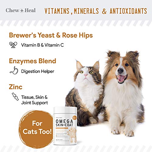 Chew + Heal Salmon Oil for Dogs - 180 Soft Chew Omega Treats for Skin and Coat - Fish Oil Blend of Essential Fatty Acids, Omega 3, 6, and 9, Vitamins, Antioxidants and Minerals - Made in USA