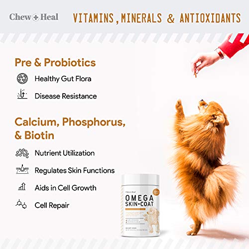 Chew + Heal Salmon Oil for Dogs - 180 Soft Chew Omega Treats for Skin and Coat - Fish Oil Blend of Essential Fatty Acids, Omega 3, 6, and 9, Vitamins, Antioxidants and Minerals - Made in USA