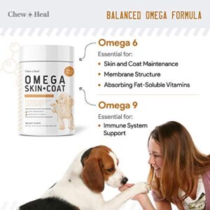 Chew + Heal Salmon Oil for Dogs - 180 Soft Chew Omega Treats for Skin and Coat - Fish Oil Blend of Essential Fatty Acids, Omega 3, 6, and 9, Vitamins, Antioxidants and Minerals - Made in USA