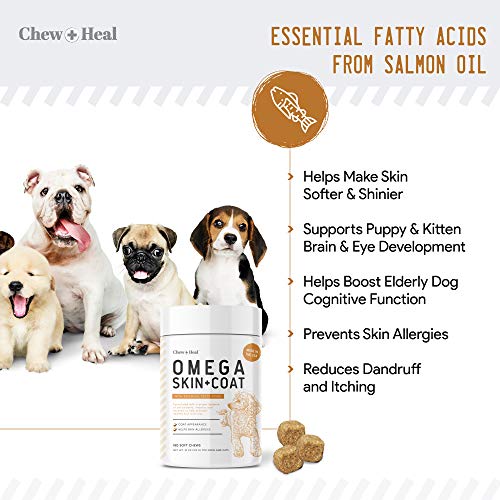 Chew + Heal Salmon Oil for Dogs - 180 Soft Chew Omega Treats for Skin and Coat - Fish Oil Blend of Essential Fatty Acids, Omega 3, 6, and 9, Vitamins, Antioxidants and Minerals - Made in USA