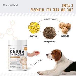 Chew + Heal Salmon Oil for Dogs - 180 Soft Chew Omega Treats for Skin and Coat - Fish Oil Blend of Essential Fatty Acids, Omega 3, 6, and 9, Vitamins, Antioxidants and Minerals - Made in USA