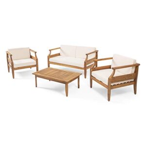 christopher knight home caitlyn outdoor 4 seater chat set with cushions, teak finish, cream