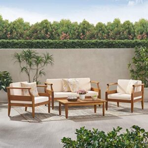 Christopher Knight Home Caitlyn Outdoor 4 Seater Chat Set with Cushions, Teak Finish, Cream